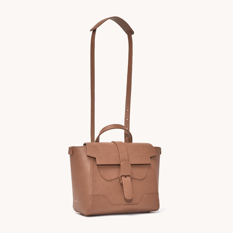 Midi Maestra Bag Pebbled Chestnut with Gold Hardware Front View with Long Strap