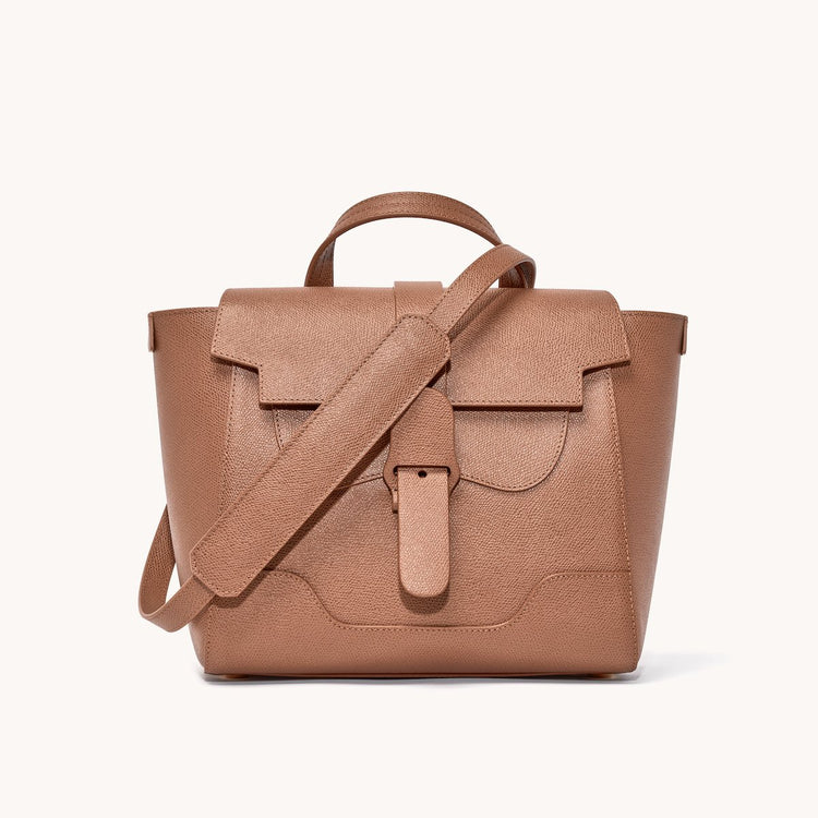 Midi Maestra Bag Pebbled Chestnut with Gold Hardware Front View with long strap draped over top