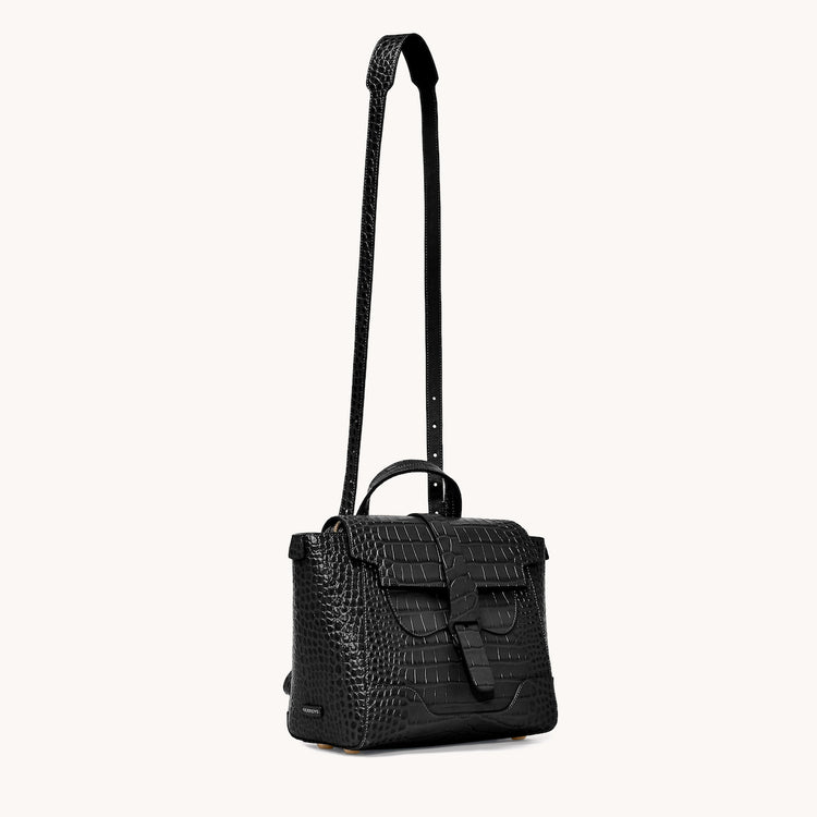 Midi Maestra Dragon Noir with Gold Hardware Quarter Angle to Front View with Long Strap