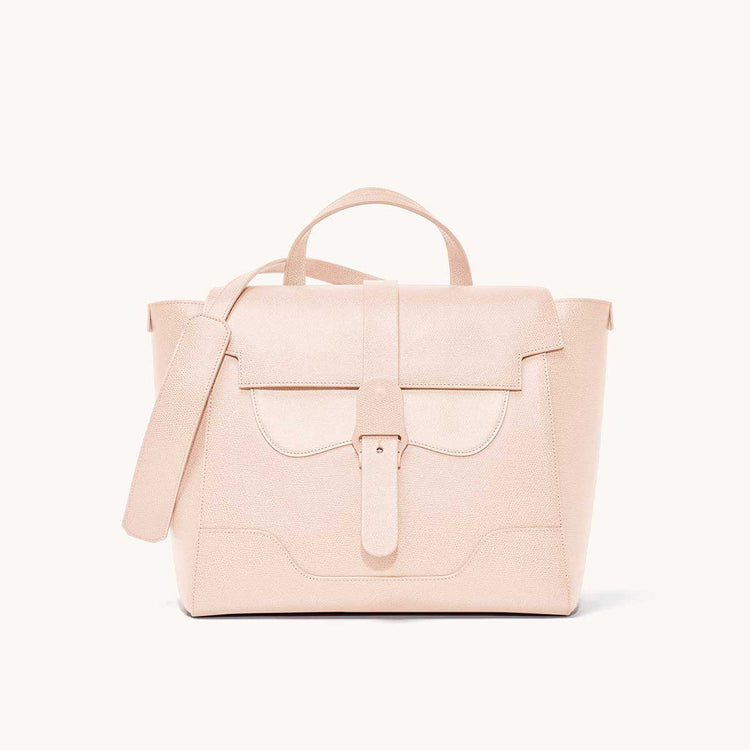 Maestra Bag Pebbled Blush with Silver Hardware Front View with long strap draped over top