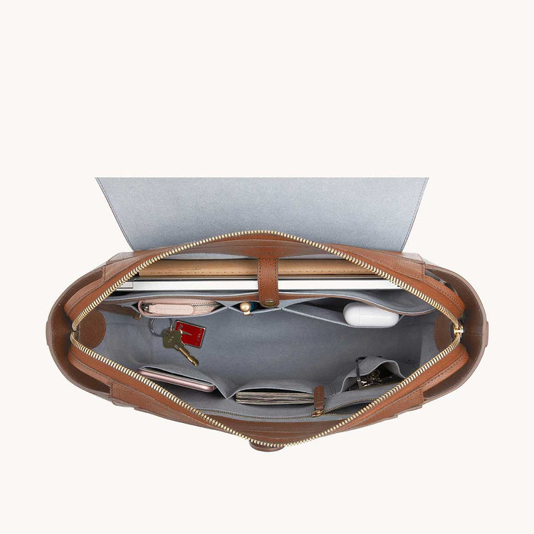Maestra Bag Pebbled Chestnut with Gold Hardware Interior View with What Fits: laptop, keys, phone, AirPods, cards, etc.