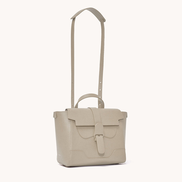 Midi Maestra Bag Pebbled Sand with Silver Hardware Front View with Long Strap