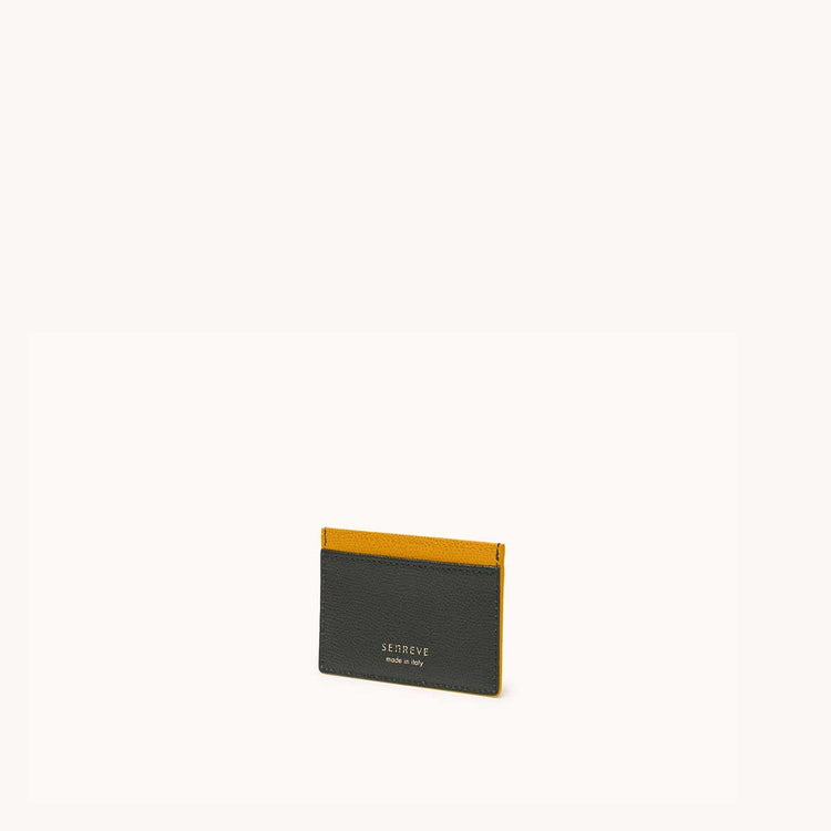 Slim Card Case Pebbled Forest/Turmeric with Gold Hardware Front at an Angle