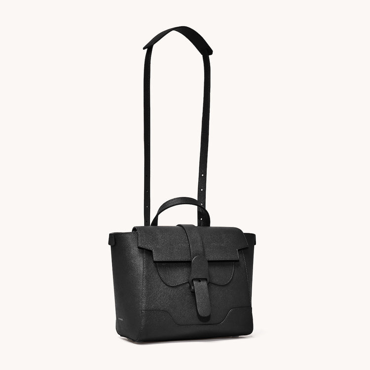 Midi Maestra Bag Pebbled Noir with Silver Hardware Front View with Long Strap