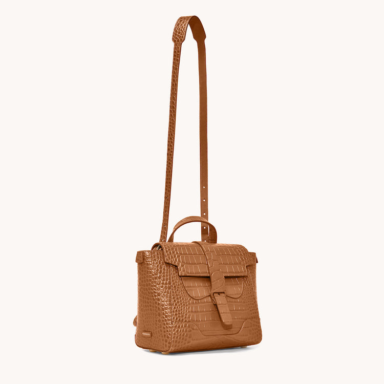 Midi Maestra Dragon Chestnut with Gold Hardware Quarter Angle to Front View with Long Strap