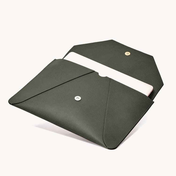 envelope laptop sleeve pebbled forest side view with open sleeve and laptop inside