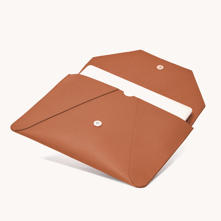 envelope laptop sleeve pebbled marine side view with open sleeve and laptop inside