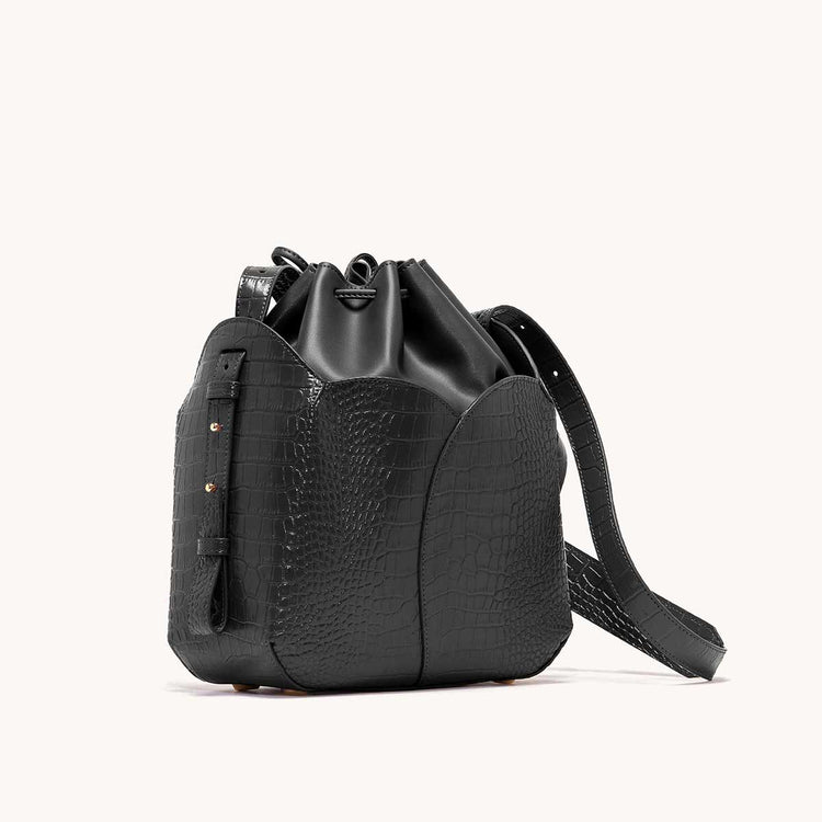 Bucket bag with lots of pockets - black vegan faux leather