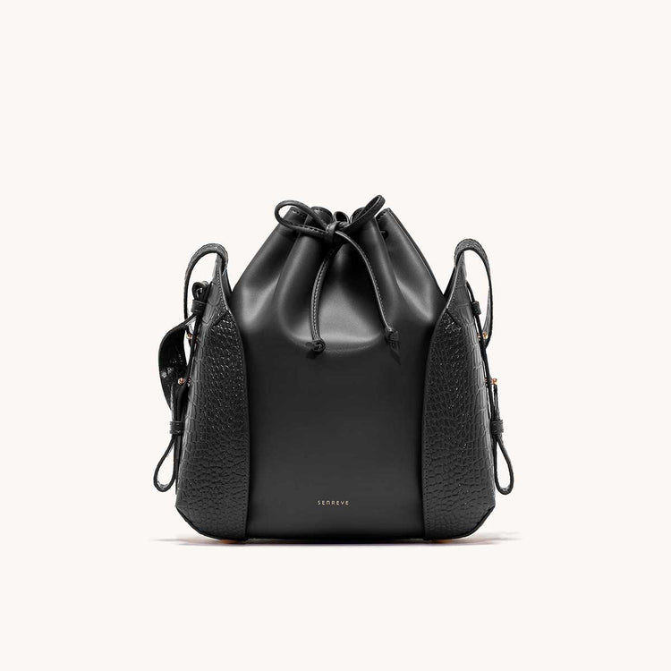 Bucket bag with lots of pockets - black vegan faux leather