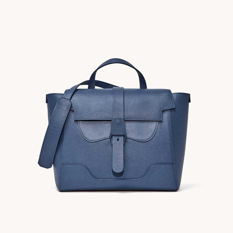 Maestra Bag Pebbled Marine with Gold Hardware Front View with Long Strap draped over top