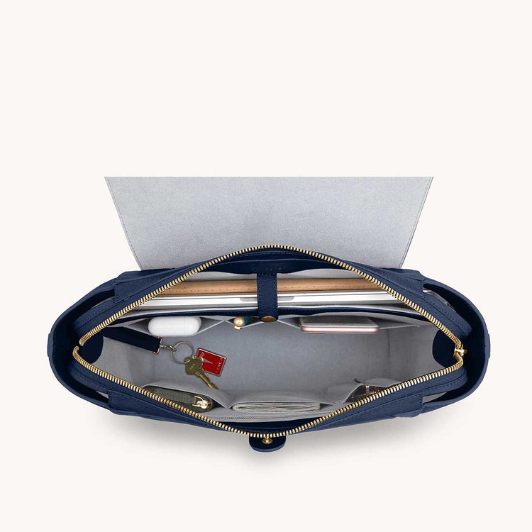 Maestra Bag Mimosa Pilot with Gold Hardware Interior View With What Fits: laptop, Airpods, cards, keys, etc.