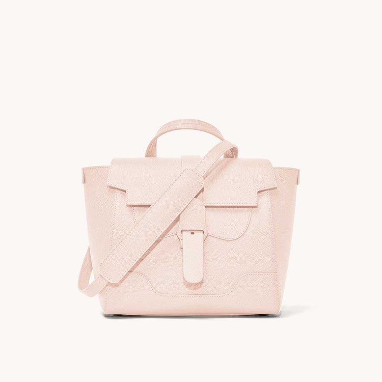 Midi Maestra Bag Pebbled Blush with Silver Hardware Front View with long strap draped over top