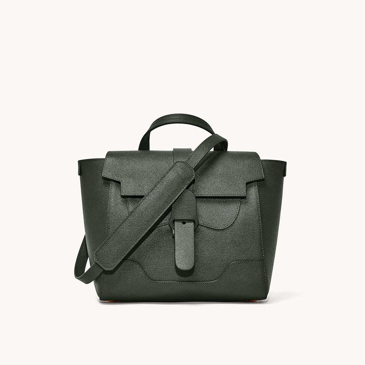 Midi Maestra Bag Pebbled Forest with Gold Hardware Front View with long strap draped over top