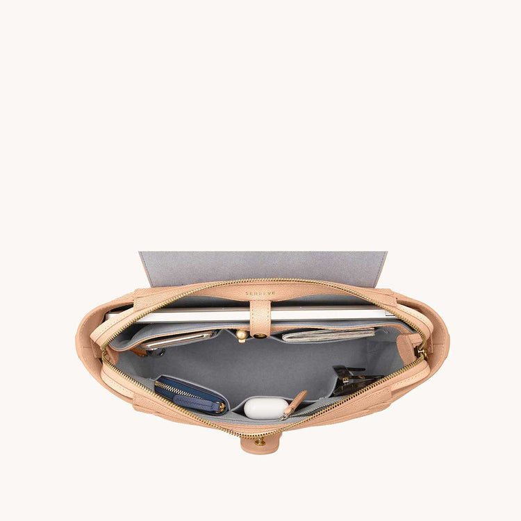 Midi Maestra Bag Dolce Butterscotch with Gold Hardware Interior View with What Fits: laptop, cards, keys, phone, AirPods, etc.