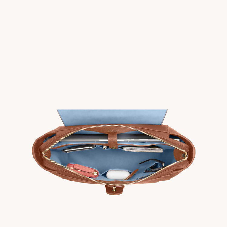 Midi Maestra Bag Vegan Terra Savanna with Gold Hardware Interior View with What Fits: laptop, phone, keys, cards, AirPods, etc.