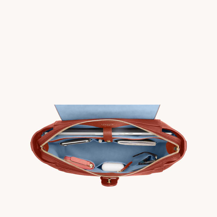 Midi Maestra Bag Vegan Terra Canyon with Gold Hardware Interior View with What Fits: laptop, AirPods, phone, cards, keys, etc.