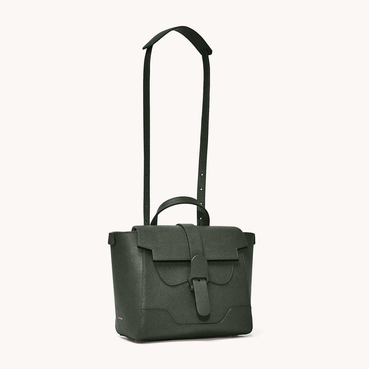 Midi Maestra Bag Pebbled Forest with Gold Hardware Front View with Long Strap