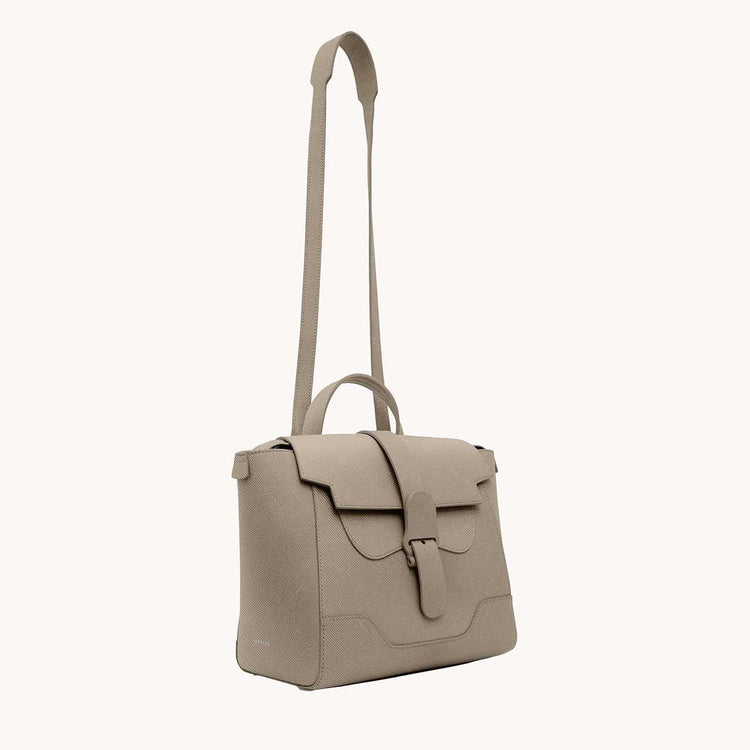 Midi Maestra Bag Vegan Saffiano Taupe with Silver Hardware Front View with Long Strap