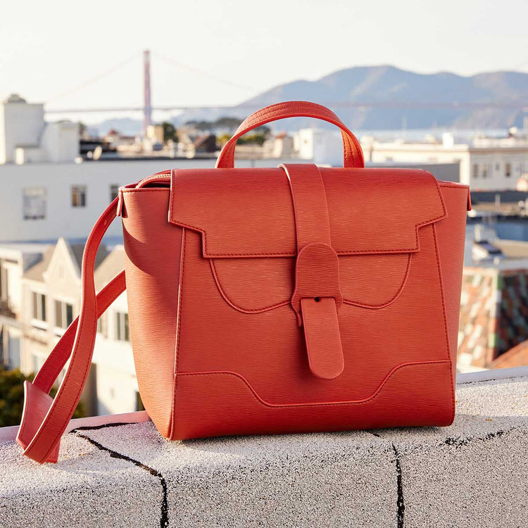 Vegan leather bag on a ledge against the San Francisco skyline with the Golden Gate Bridge