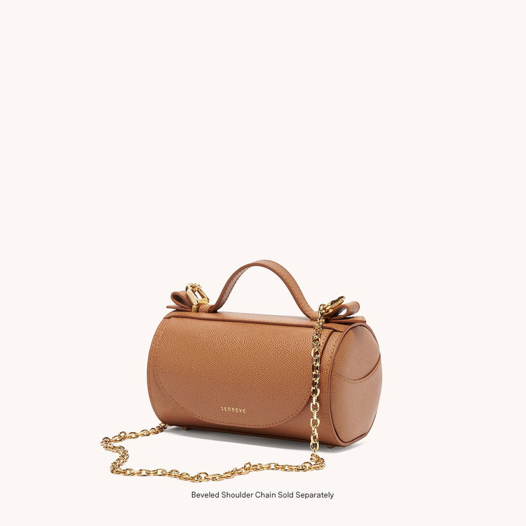 Mini Barrel Bag Pebbled Chestnut Gold Hardware Front at an Angle, Removable Gold Chain Link Strap Attached
