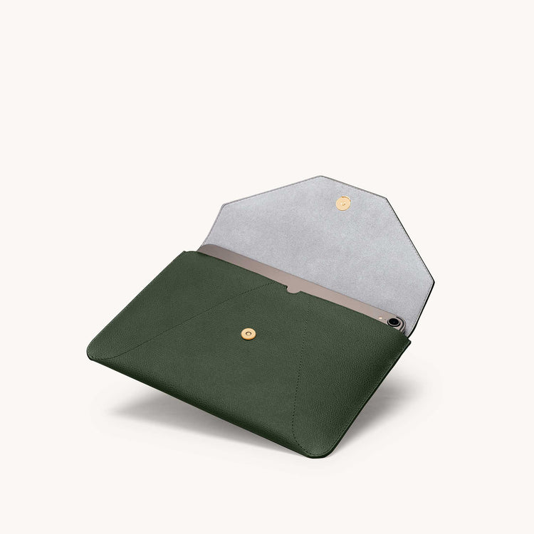 Mini envelope sleeve in forest angled view with flap open.