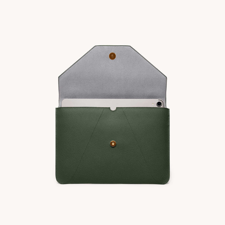 Mini envelope sleeve in forest front view with flap open.