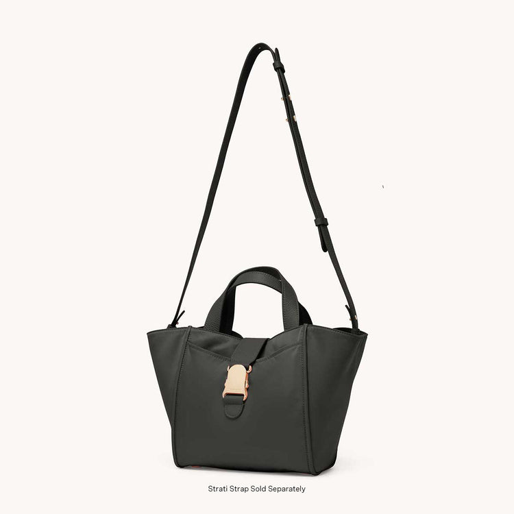 Strati Shopper Nylon Ebony with Gold Hardware Interior with Strap Extended to the Top
