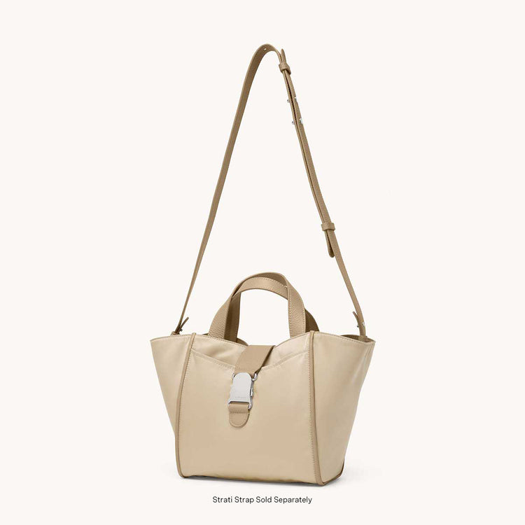 Strati Shopper Nylon Beech with Silver Hardware with Strap Attached and Extended to Top