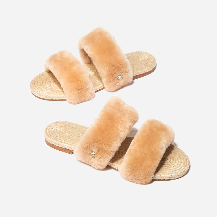 Pair of Shearling Sandal Wheat Small at Opposite Orientations