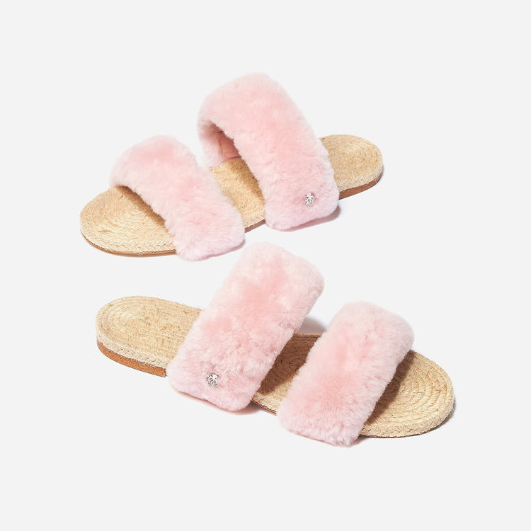 Pair of Shearling Sandal Orchid Small at Opposite Orientations
