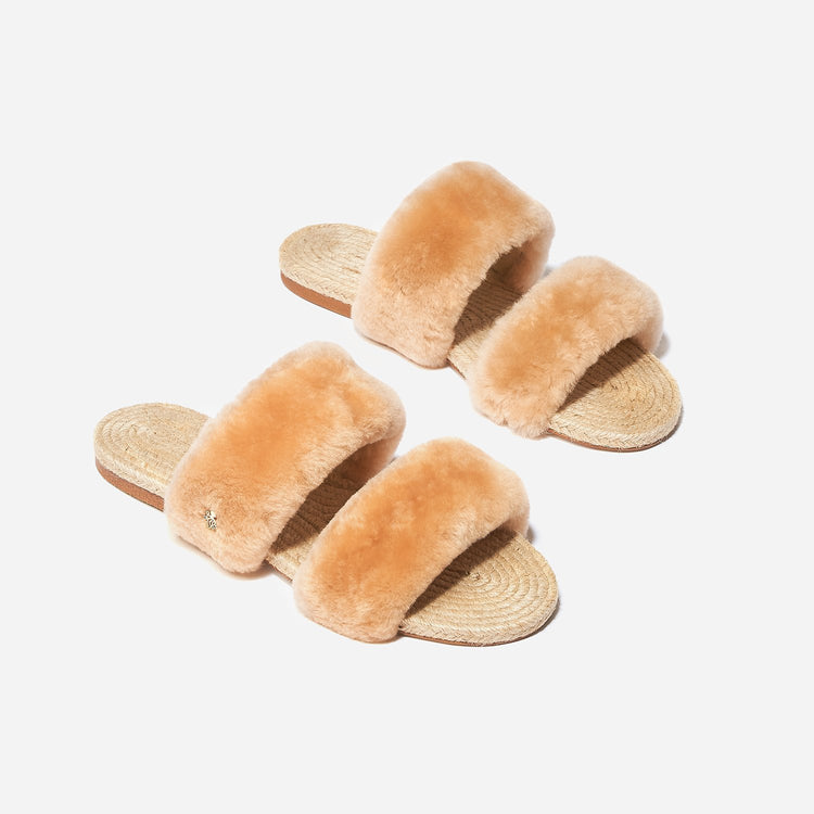 Pair of Shearling Sandal Wheat Small Front at an Angle