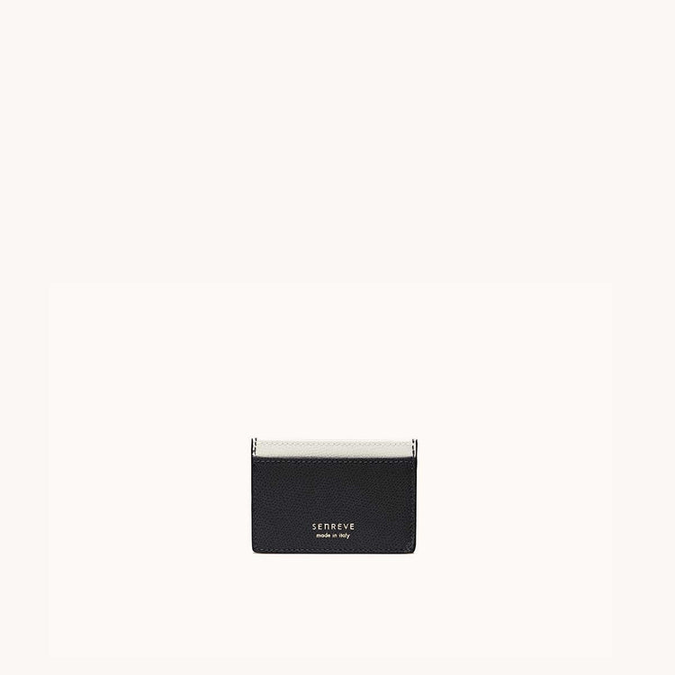 Slim Card Case Pebbled Noir/Cream with Silver Hardware Front