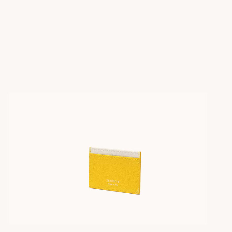 Slim Card Case Pebbled Dandelion/Cream with Silver Hardware Front at an Angle
