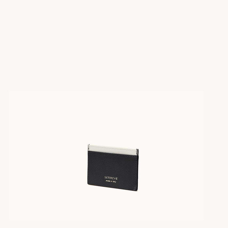 Slim Card Case Pebbled Noir/Cream with Silver Hardware Front at an Angle