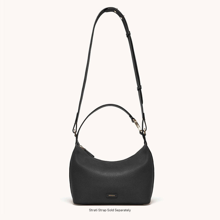 Strati Sporta Pebbled Noir with Gold Hardware Strati Strap Attached
