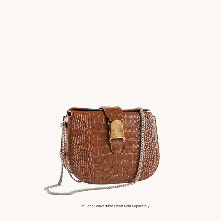 cadence crossbody vegan amica chestnut with gold hardware front view with strap