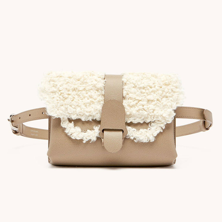 aria belt bag faux shearling sand front view