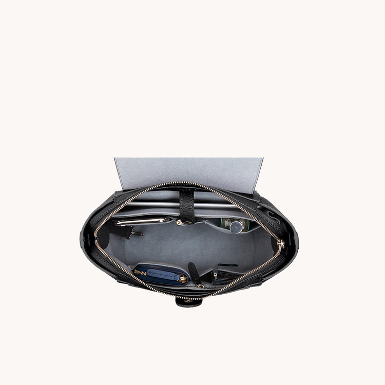 Mini Maestra Bag Mimosa Onyx with Silver Hardware Interior: Showing What the Bag Can Hold, iPad, iPhone, Wallet, and a few makeup items