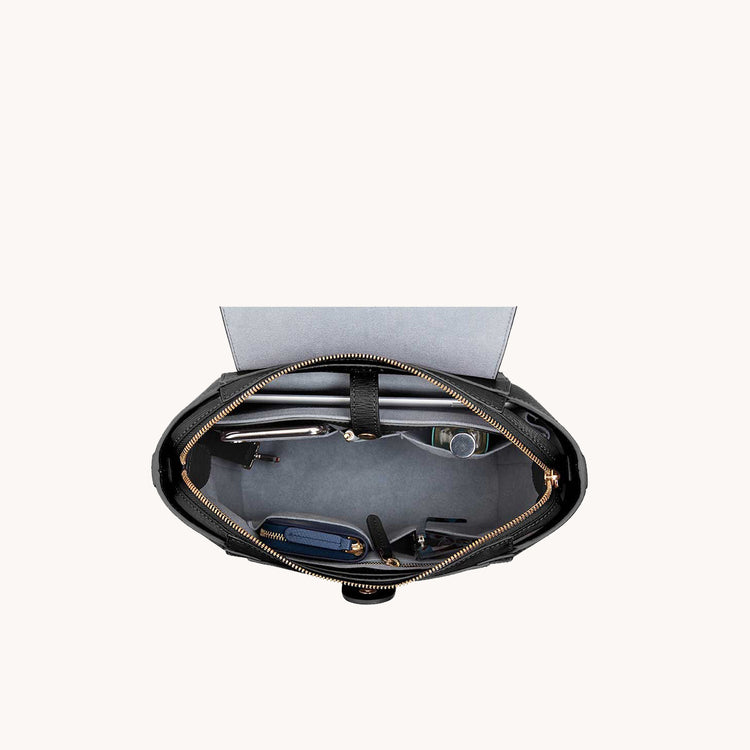 Mini Maestra Bag Mimosa Onyx with Gold Hardware Interior: Showing What the Bag Can Hold, iPad, iPhone, Wallet, and a few makeup items